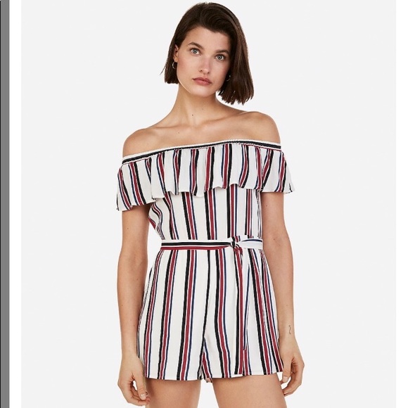 Express Striped Off The Shoulder Ruffle Romper - Picture 1 of 5